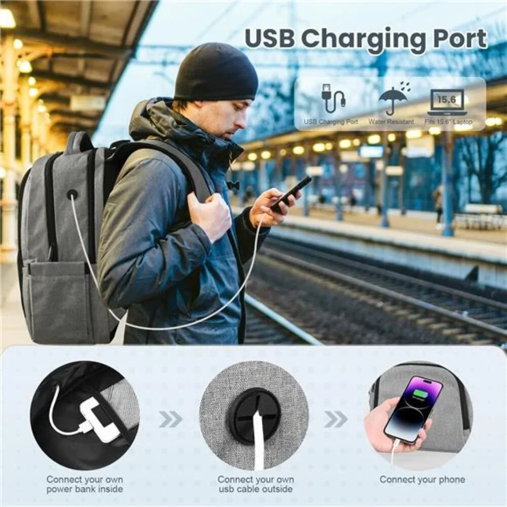 Women's Grey Laptop Backpack with USB Charging Port